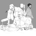  3boys bomber_jacket buzz_cut collared_shirt cup desk_lamp disco_elysium facial_hair glasses greyscale hair_slicked_back harry_du_bois highres holding holding_cup holding_paper jacket jean_vicquemare kim_kitsuragi lamp looking_at_another male_focus monochrome multiple_boys mutton_chops necktie nurve26 paper shirt short_hair sleeves_rolled_up very_short_hair walking 