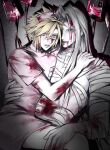  2boys 3_3lecho absurdres alternate_costume bandaged_arm bandaged_neck bandaged_torso bandages blonde_hair blood blood_in_hair blood_on_arm blood_on_clothes blood_on_face cloud_strife commentary crossdressing crossdressing_(mtf) dark dress drop_shadow english_commentary final_fantasy final_fantasy_vii final_fantasy_vii_remake green_eyes grey_background grey_hair halloween hand_on_another's_back hand_on_another's_shoulder hand_on_another's_thigh hat highres intravenous_drip light_smile long_bangs long_hair male_focus multiple_boys nurse nurse_cap official_alternate_eye_color on_lap parted_bangs parted_lips pink_dress possessed sephiroth short_dress short_hair short_sleeves slit_pupils spiked_hair spotlight upper_body yaoi 