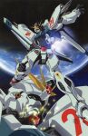  beam_rifle blue_eyes earth_(planet) energy_gun f91_gundam gun gundam gundam_f91 highres holding holding_gun holding_weapon mecha mecha_musume multiple_views official_art oobari_masami open_hand planet signature space v-fin weapon 