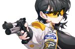  1girl black_hair closed_mouth ear_piercing epakim finger_on_trigger gun handgun highres jacket looking_at_viewer original piercing safety_glasses short_hair simple_background solo upper_body weapon white_background white_jacket 