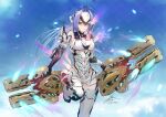  1girl android armor bare_shoulders blue_hair breasts commentary elbow_gloves expressionless fadingz forehead_protector gloves kos-mos kos-mos_re: large_breasts leotard long_hair looking_at_viewer red_eyes solo thighhighs very_long_hair weapon white_leotard xenoblade_chronicles_(series) xenoblade_chronicles_2 xenosaga 