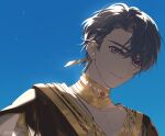  1boy bangs blue_sky closed_mouth earrings egyptian_clothes jewelry koeda_(k83_4) looking_at_viewer marius_von_hagen_(tears_of_themis) necklace outdoors purple_eyes purple_hair short_hair sky smile solo tears_of_themis twitter_username 