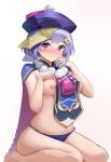  1girl amco barefoot blush braid braided_ponytail breasts cape feet genshin_impact hat highres jiangshi looking_at_viewer navel panties purple_eyes purple_hair purple_panties qiqi_(genshin_impact) seiza sitting small_breasts solo talisman topless underwear 