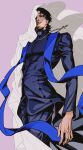  1boy black_hair blue_sash cassock chiamo_(lmc_clm) covered_face cross cross_necklace fate/grand_order fate_(series) grigori_rasputin_(fate) highres jewelry kotomine_kirei latin_cross necklace one_eye_covered priest sash solo veil white_veil 