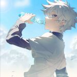  1boy blue_eyes bottle cloud cloudy_sky day drinking glass_bottle holding holding_bottle hunter_x_hunter killua_zoldyck lan-ge-zi lens_flare male_focus profile signature sky solo sweat twitter_username white_hair 