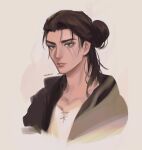  1boy black_jacket brown_hair collarbone commentary cropped_torso english_commentary eren_yeager facial_mark green_eyes hair_bun highres jacket kookirani male_focus medium_hair medium_sideburns open_clothes open_jacket parted_lips scar shingeki_no_kyojin shirt sideburns solo titan_shifter_scars white_shirt 