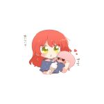  1girl blue_shirt blush bocchi_the_rock! chibi chibi_only choker commentary_request creature creature_on_shoulder food gotoh_hitori gotoh_hitori_(tsuchinoko) heart holding holding_food holding_ice_cream ice_cream kita_ikuyo long_hair on_shoulder open_mouth rebecca_(keinelove) red_hair ribbon_choker shirt short_sleeves simple_background translation_request upper_body white_background yellow_eyes 