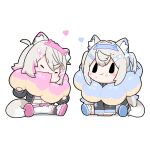  2girls absurdres animal_collar animal_ear_fluff animal_ears bandaid bandaid_hair_ornament black_collar black_jacket black_socks blue_hair blue_hairband blue_icing blue_shoes blue_trim blush chibi chibi_only closed_mouth collar commentary crossed_bangs dog_ears dog_tail donut eating english_commentary fake_horns fang food food_on_face fuwawa_abyssgard hair_intakes hair_ornament hairband heart highres holding holding_donut holding_food hololive hololive_english horned_headwear horns icing jacket medium_hair midriff mococo_abyssgard multiple_girls navel oversized_food oversized_object pink_hair pink_hairband pink_shoes pink_trim pon_de_ring shirt shoes shorts simple_background single_hair_streak sitting skin_fang smile snowmya socks solid_oval_eyes tail virtual_youtuber white_background white_hair white_shirt white_shorts white_socks 