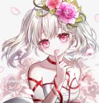  1girl :d bare_shoulders blush breasts character_request choker collarbone commission danby_merong dress finger_to_mouth flower grey_background hair_flower hair_ornament hand_up head_tilt highres looking_at_viewer maplestory medium_breasts pink_flower pink_rose red_choker red_eyes red_flower red_ribbon ribbon rose smile solo strapless strapless_dress twintails upper_body white_dress white_hair 