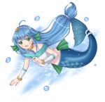  1girl :d ahoge blue_eyes blue_hair choker commentary_request crop_top fins full_body green_eyes head_fins jewelry long_hair looking_at_viewer low-tied_long_hair madou_monogatari mermaid monster_girl mystmu open_mouth puyopuyo serilly_(puyopuyo) smile solo very_long_hair water white_background yellow_choker 