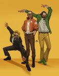  3boys arms_up beard black_hair black_jacket black_necktie blazer blonde_hair bomber_jacket brown_hair buzz_cut character_request collared_shirt disco_elysium facial_hair full_body green_jacket hair_slicked_back hand_in_pocket harry_du_bois highres jacket jean_vicquemare kim_kitsuragi looking_at_viewer male_focus multiple_boys mutton_chops necktie nurve26 official_alternate_costume orange_jacket posing serious shirt short_hair sunglasses very_short_hair white_shirt wig 