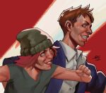  1boy 1girl beanie blue_jacket brown_hair clenched_hand collared_shirt commentary crazy_grin cuno cunoesse_vittulainen disco_elysium english_commentary green_shirt grin hand_up hat highres jacket looking_at_another nurve26 shirt short_hair smile upper_body white_shirt 