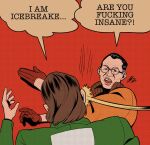  2boys batman_slap_(meme) black_hair bomber_jacket brown_hair buzz_cut disco_elysium english_text glasses gloves green_jacket hands_up harry_du_bois highres jacket kim_kitsuragi meme motion_lines multiple_boys nurve26 orange_gloves orange_jacket parody screentones short_hair slapping upper_body very_short_hair 