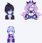  1boy 2girls anby_demara black_hair black_ribbon blue_eyes breasts cleavage closed_mouth commentary_request english_commentary green_eyes grey_hair hair_between_eyes hair_ornament hair_ribbon hairclip headphones highres indie_virtual_youtuber kurimako large_breasts long_hair looking_at_viewer looking_to_the_side mixed-language_commentary mole mole_on_breast mole_under_eye multiple_girls nicole_demara open_mouth parallel_hairclips parted_bangs pink_hair ribbon shirt short_hair simple_background smile two_side_up virtual_youtuber white_background white_shirt yozora_mako zenless_zone_zero 