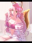  1girl :3 absurdres animal_ear_fluff animal_ears backlighting bangs bare_shoulders bikini breasts cleavage closed_mouth collarbone commentary_request eyebrows_visible_through_hair fate/extra fate_(series) fingernails fox_ears fox_girl fox_tail hair_between_eyes highres indoors jacket jewelry kamehito large_breasts long_fingernails long_hair long_sleeves looking_at_viewer nail_polish navel necklace no_pants open_clothes open_jacket pink_bikini pink_hair pink_nails sidelocks sitting sleeves_past_wrists smile solo strapless strapless_bikini striped striped_jacket sunlight swimsuit tail tamamo_(fate) tamamo_no_mae_(fate/extra) very_long_hair yellow_eyes 