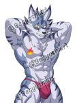  abs anthro armor armpit_hair bandai_namco barazoku begyoshiart biceps big_muscles blue_stripes body_hair brass_knuckles canid canine chest_hair claws clothing digimon digimon_(species) eye_scar facial_scar flexing flexing_bicep flexing_both_biceps flexing_muscles fur hands_behind_head invalid_tag male mammal melee_weapon mouth multicolored_body muscular muscular_anthro muscular_male nipple_piercing nipples pecs piercing red_clothing red_thong red_underwear scar shoulder_pads showing_teeth simple_background solo striped_body striped_fur stripes tail teeth thong underwear watermark weapon weregarurumon white_body yellow_eyes 