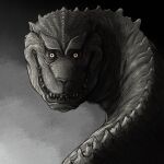  animal_ears creature dark evil_eyes evil_grin evil_smile giant giant_monster glowing glowing_eyes godzilla godzilla_(series) greyscale grin highres horror_(theme) kaijuu looking_at_viewer monochrome monster no_humans sharp_teeth smile spacedragon14 spines teeth 