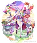  1girl 2023 bare_shoulders blue_eyes blue_hair braid breasts cleavage commentary_request copyright_notice dress floral_print floral_print_kimono fur-trimmed_kimono fur_trim hagoita hair_bun hair_ornament happy_new_year highres holding holding_paddle hoshimi_fiona japanese_clothes kimono large_breasts looking_at_viewer medium_hair official_art okobo open_mouth paddle platform_sandals popompon print_kimono purple_dress sandals single_hair_bun solo sparkle standing standing_on_one_leg thighhighs twinkle_star_knights white_thighhighs 