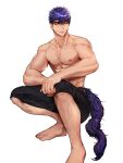  1boy abs bara belt biceps highres leg_hair looking_at_viewer male_focus manly muscular muscular_male ninetyyou nipples original pectorals purple_hair scar scar_on_face shorts slit_pupils solo tail thick_arms thick_eyebrows topless topless_male yellow_eyes 