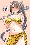  1girl absurdres animal_print baseball_bat bikini black_hair blush breasts cleavage collarbone commentary_request furaggu_(frag_0416) highres holding holding_baseball_bat kantai_collection large_breasts metal_baseball_bat nachi_(kancolle) print_bikini print_sarong sarong side_ponytail sidelocks solo spoken_squiggle squiggle swimsuit tiger_print variant_set yellow_bikini 
