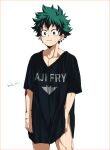  1boy black_shirt boku_no_hero_academia bottomless collarbone commentary_request freckles frown green_eyes green_hair highres male_focus midoriya_izuku mkm_(mkm_storage) oversized_clothes scar scar_on_arm shirt signature simple_background solo sweatdrop t-shirt white_background 
