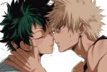  2boys bakugou_katsuki black_tank_top blonde_hair blush boku_no_hero_academia closed_eyes closed_mouth freckles hand_on_another&#039;s_neck imminent_kiss looking_at_another male_focus midoriya_izuku mkm_(mkm_storage) multiple_boys red_eyes signature simple_background spiked_hair sweatdrop tank_top white_background yaoi 