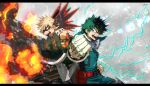  2boys bakugou_katsuki blonde_hair boku_no_hero_academia clenched_hand electricity explosion fire freckles gloves green_eyes green_gloves green_hair highres lens_flare male_focus mask mask_removed masked midoriya_izuku mkm_(mkm_storage) multiple_boys open_mouth red_eyes shouting signature spiked_hair teeth white_gloves 