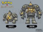  bromojumbo elden_ring evolutionary_line fusion golem golem_(elden_ring) golett golurk grey_background highres instagram_username logo no_humans pokemon simple_background standing twitter_username 