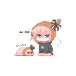  ... 1girl black_bow black_hoodie blue_eyes bocchi_the_rock! bow clothes_writing commentary_request cube_hair_ornament gotoh_hitori gotoh_hitori_(tsuchinoko) hair_ornament hood hood_down hoodie one_side_up pants pink_hair pink_pants rebecca_(keinelove) seiza shadow simple_background sitting spoken_ellipsis striped_bow track_pants translation_request turn_pale white_background 