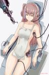  1girl absurdres apron breasts brown_hair closed_eyes damaged expressionless girls&#039;_frontline highres long_hair mechanical_arms mechanical_parts medium_breasts rasen_manga single_mechanical_arm solo st_ar-15_(girls&#039;_frontline) thighs twitter_username white_apron white_background wire 