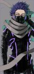  1boy armor black_armor boku_no_hero_academia glowing_armor grey_background hand_on_headwear highres male_focus mask masked mkm_(mkm_storage) purple_eyes purple_hair shinsou_hitoshi signature simple_background solo 