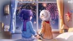  2girls aerial_fireworks aged_down ahoge braid chinese_commentary closed_mouth commentary_request facing_viewer fireworks grey_hair highres holding_hands honkai_(series) honkai_impact_3rd indoors kiana_kaslana long_hair long_sleeves looking_at_viewer multiple_girls night official_art on_bed open_mouth ponytail purple_hair raiden_mei short_hair sitting smile twin_braids 