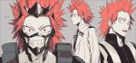  &gt;:) 1boy blazer boku_no_hero_academia collared_shirt grey_background grin highres jacket kirishima_eijirou looking_at_viewer male_focus mkm_(mkm_storage) necktie open_mouth profile red_eyes red_hair scar scar_across_eye school_uniform sharp_teeth shirt signature smile solo spiked_hair teeth u.a._gym_uniform u.a._school_uniform v-shaped_eyebrows 