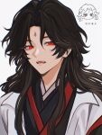  1boy bags_under_eyes ben-day_dots black_hair black_hanfu chibi chinese_clothes coat curtained_hair fangs half-closed_eyes hanfu hashtag-only_commentary highres jitome long_hair looking_at_viewer lower_eyelashes_only luo_binghe male_focus no_mouth open_mouth parted_bangs portrait red_eyes red_trim renzha_fanpai_zijiu_xitong screentones susimesi_sun white_background white_coat wolf_cut zuiyin 