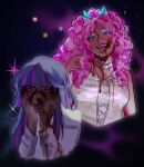  2girls :d aegyo_sal arms_at_sides backlighting bare_arms bare_shoulders black_background blood blood_from_mouth blood_on_chest blood_on_clothes blood_on_face blood_on_hands blue_bow blue_eyes blue_eyeshadow blue_hair bow breasts choker chromatic_aberration collared_shirt commentary cropped_torso cross-laced_clothes cross-laced_top curly_hair cutie_mark dark-skinned_female dark_skin english_commentary eyebrows_hidden_by_hair eyeshadow fangs frilled_choker frilled_shirt frills hair_bow hair_over_shoulder hair_sprinkles half-closed_eyes hands_on_own_cheeks hands_on_own_face hands_up highres kouxhii lips long_sleeves looking_down makeup medium_breasts multicolored_eyes multicolored_hair multiple_girls my_little_pony my_little_pony:_equestria_girls my_little_pony:_friendship_is_magic pink_choker pink_hair pinkie_pie pinkie_pie_(equestria_girls) plump pointy_ears purple_eyes realistic red_eyes sharp_teeth shirt sidelocks simple_background slit_pupils smile sparkle sprinkles star_(symbol) straight_hair streaked_hair tareme teeth thick_eyebrows tsurime twilight_sparkle twilight_sparkle_(human) twitter_username two-tone_eyes two-tone_hair underlighting v-shaped_eyebrows vampire white_shirt 