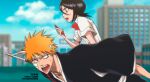  1boy 1girl absurdres bandaged_head bandages bandaid bandaid_on_cheek bandaid_on_face black_hair bleach blue_sky blurry blurry_background bow bowtie building carrying cellphone cloud commentary highres holding holding_phone japanese_clothes karakura_high_school_uniform kuchiki_rukia kurosaki_ichigo open_mouth orange_hair phone piggyback red_bow red_bowtie school_uniform shihakusho sky sweatdrop tumblr_username umbra_(edits_umbra) zangetsu_(shikai) 
