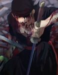  1boy 4myaku1 bandana black_clothes blood blood_on_face highres holding holding_sword holding_weapon injury male_focus one_piece planted planted_sword roronoa_zoro solo sword weapon 