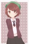  1girl brown_hair chocomiru gloria_(pokemon) green_headwear necktie pokemon pokemon_(game) pokemon_swsh polka_dot polka_dot_background short_hair solo upper_body 