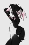  1girl arms_up blue_eyes commission completely_nude cowboy_shot face_piercing from_side furry furry_female highres nose_piercing nude original piercing pita-potato ponytail simple_background skunk_ears skunk_girl skunk_tail solo tongue tongue_out white_background white_hair 