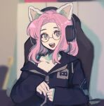  1girl :d animal_ears animification black_hoodie breasts cat_ears chair cleavage commentary discord glasses grey_eyes hashtag-only_commentary headphones hood hood_down hoodie indoors long_hair minecraft_youtube nihachu photo-referenced pink_hair real_life round_eyewear sitting smile solo upper_body whalebone_(muffinsuki) 