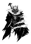  1boy absurdres armor blaidd_the_half-wolf breastplate cape elden_ring furry furry_male greyscale highres kuretadesu male_focus monochrome simple_background solo standing sword weapon weapon_on_back white_background 