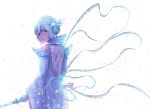  1girl back_cutout backless_outfit bleach bleach:_sennen_kessen-hen chromatic_aberration clothing_cutout commentary detached_sleeves english_commentary from_behind hair_ornament hair_over_one_eye hakka_no_togame_(bankai) highres holding holding_sword holding_weapon ice kuchiki_rukia looking_back short_hair solo sword umbra_(edits_umbra) upper_body watermark weapon white_eyes white_hair wide_sleeves zanpakutou 