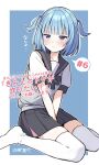  1girl absurdres aikawa_razu akagi_natsuichi between_legs black_sailor_collar black_skirt blue_eyes blue_hair blunt_bangs blush closed_mouth collarbone commentary_request frown hand_between_legs highres kimi_to_board_game_ga_tsukuritai! looking_at_viewer medium_hair miniskirt no_shoes pleated_skirt sailor_collar school_uniform serafuku shirt sitting skirt solo sweatdrop thighhighs translation_request two_side_up v-shaped_eyebrows wariza white_shirt white_thighhighs zettai_ryouiki 