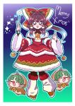  3girls adapted_costume animal_costume ascot bell black_leotard blush border bow brown_eyes brown_hair christmas clone clover_(clover11_40) commentary cosplay detached_sleeves dress fur-trimmed_sleeves fur_trim gradient_background hair_bow hair_ornament hair_tubes hakurei_reimu holding holding_wand holly_hair_ornament jingle_bell komano_aunn leg_warmers leotard long_hair merry_christmas multiple_girls pointing pointing_up red_bow red_skirt reindeer_costume ribbon-trimmed_sleeves ribbon_trim rudolph_the_red_nosed_reindeer rudolph_the_red_nosed_reindeer_(cosplay) santa_costume santa_dress simple_background skirt skirt_set smile touhou triangle_mouth wand white_background white_border white_leg_warmers yellow_ascot 
