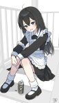  1girl absurdres akagi_natsuichi apron ashes black_dress black_shoes blue_eyes blush can canned_coffee cigarette commentary_request dress drink_can frilled_apron frills full_body highres holding holding_cigarette knees_together_feet_apart long_hair long_sleeves loose_hair_strand maid maid_apron mary_janes original shoes simple_background sitting sitting_on_stairs socks solo speech_bubble stairs sweatdrop textless_version thought_bubble white_apron white_background white_socks 