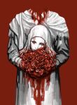  1boy abiocube blood bouquet decapitation elden_ring flower male_focus mask monochrome red_background red_flower red_rose red_theme rose solo standing tabard veil white-faced_varre 