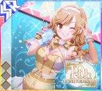  1girl album_cover anniversary bare_shoulders blush bow bow_flower bowtie breasts brown_eyes brown_hair cleavage cover diffraction_spikes dot_nose dress dutch_angle english_text flower game_cg grin hairband hands_up holding holding_trophy idol_wars large_breasts long_hair looking_at_viewer official_art omiya_aine one_eye_closed rose smile solo sparkle third-party_source trophy v wavy_hair white_flower white_hairband white_rose white_wrist_cuffs wrist_cuffs yellow_bow yellow_bowtie yellow_dress 