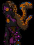 3:4 anthro anus blush butt claws confident_female duo female female/female fluffy fluffy_tail fur hi_res hug multicolored_body multicolored_fur nervouslybrave on_one_leg outline pawpads smile standing standing_on_toes tail thick_thighs