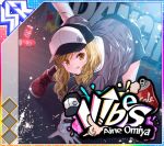  1girl :p \||/ album_cover all_fours arm_up arrow_(symbol) badge baseball_cap black_hat black_skirt blonde_hair blush boots button_badge can character_name cover dot_nose drink_can dutch_angle english_text game_cg graffiti grey_jacket hand_on_ground hat hat_ornament idol_wars jacket lace-up_boots legs_apart long_hair long_sleeves looking_at_viewer official_art omiya_aine outstretched_arm pointing red_boots skirt soda_can solo streetwear third-party_source tongue tongue_out two-tone_hat urban wavy_hair white_hat yellow_eyes 