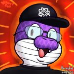 1:1 abstract_background anthro baseball_cap black_baseball_cap clothing eyewear glasses glistening glistening_eyes hat headgear headwear hi_res honeybud looking_at_viewer male markings orange_background pupils purple_body red_background red_eyes reptile scale_markings scales scalie simple_background snake snout solo symbol symbol_on_clothing tagme white_body